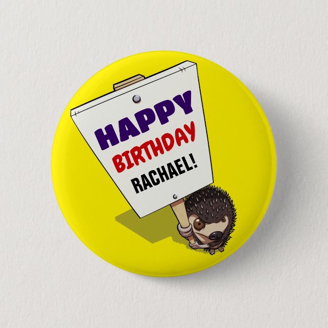 Funny Hedgehog Add The Name Happy Birthday Cartoon Button (Front)