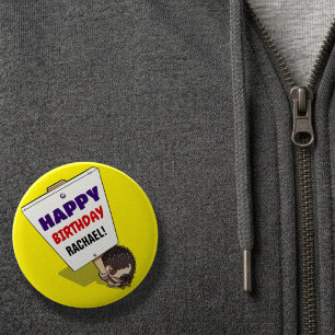 Funny Hedgehog Add The Name Happy Birthday Cartoon Button