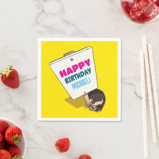 Funny Hedgehog Add The Name Happy Birthday Cartoon Napkins (Insitu)