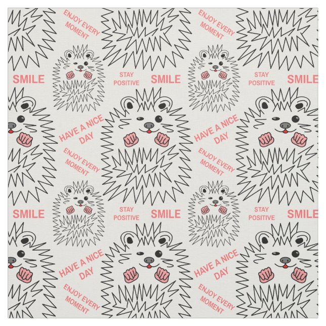 Funny Hedgehog And Positive Text Pattern Fabric (Swatch)