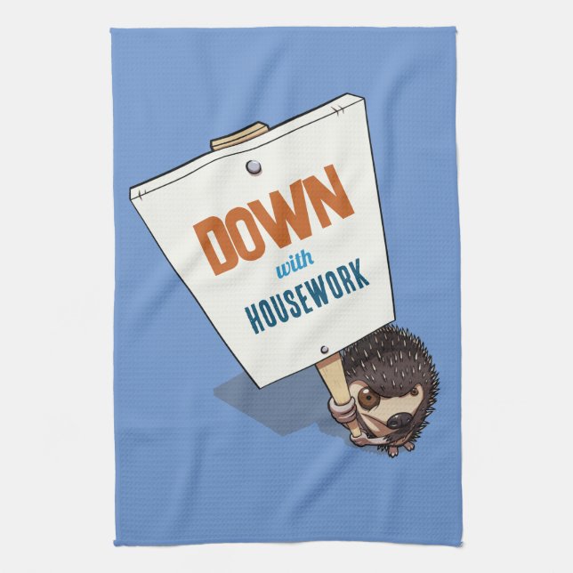 Funny Hedgehog Down With Housework Protest Cartoon Kitchen Towel (Vertical)