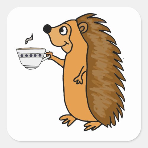 Funny Hedgehog Drinking Tea Cartoon Square Sticker