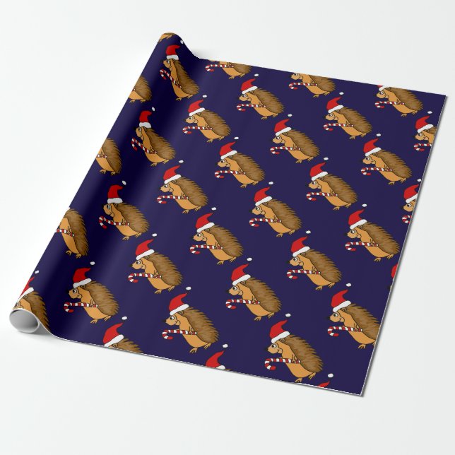 Funny Hedgehog in Santa Hat Christmas Art Wrapping Paper (Unrolled)