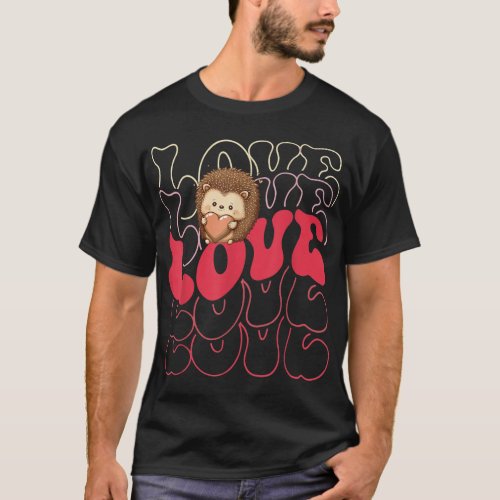 Funny Hedgehog Love Groovy Style Heart Valentines  T_Shirt