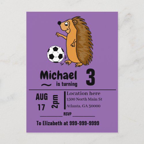 Funny Hedgehog Playing Soccer Birthday Party Invitation Postcard