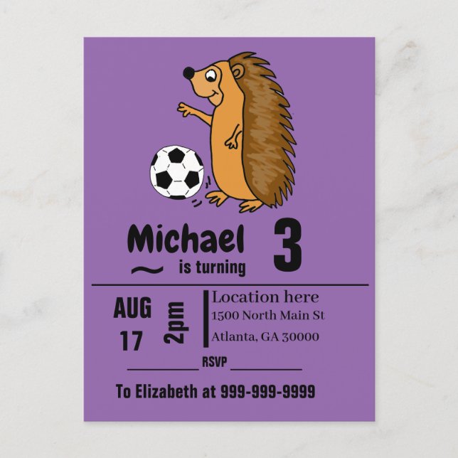 Funny Hedgehog Playing Soccer Birthday Party Invitation Postcard (Front)