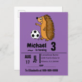 Funny Hedgehog Playing Soccer Birthday Party Invitation Postcard (Front/Back)