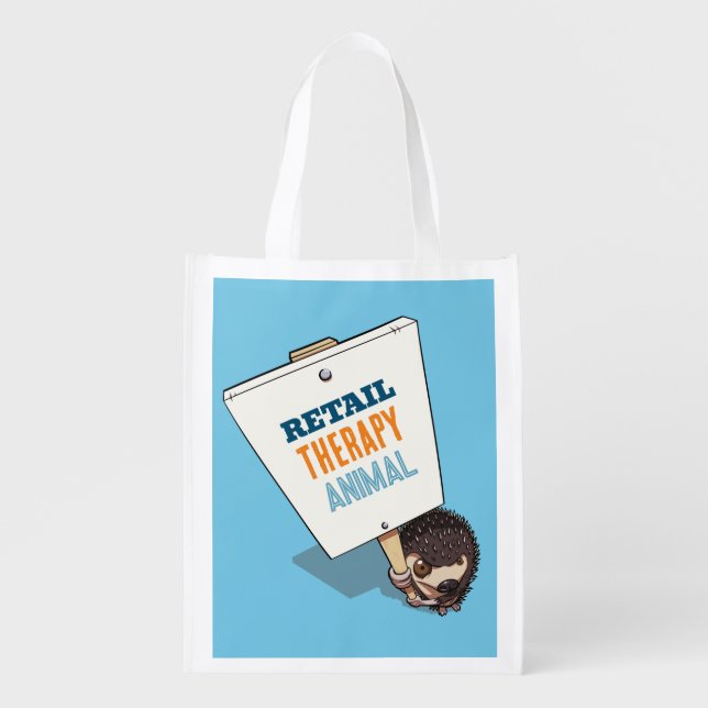 Funny Hedgehog Retail Therapy Animal Sign Cartoon Grocery Bag (Front)