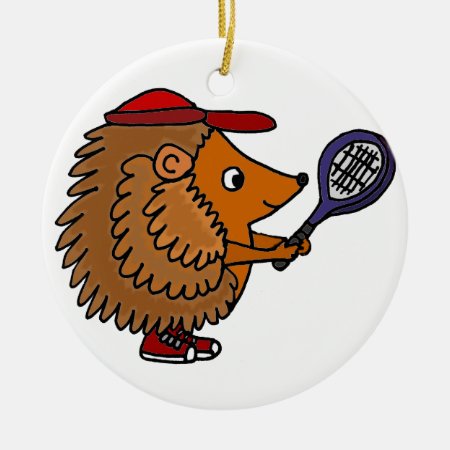Funny Hedgehog With Blue Tennis Racket Ceramic Ornament