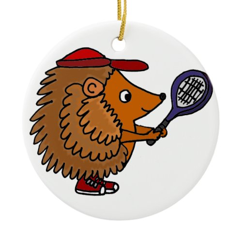 Funny Hedgehog with Blue Tennis Racket Ceramic Ornament