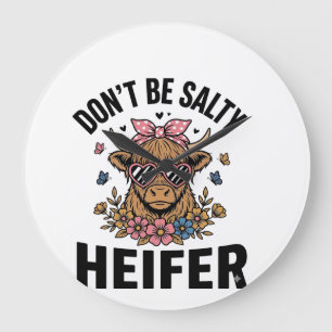 Funny Heifer Cow Floral Butterfly Vintage Design_1 Large Clock