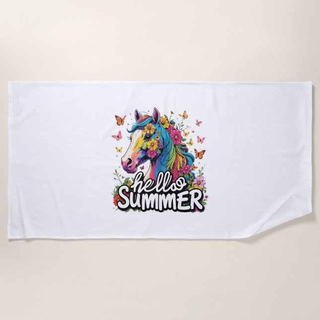 Funny Hello Summer Horse Beach Towel (Front)