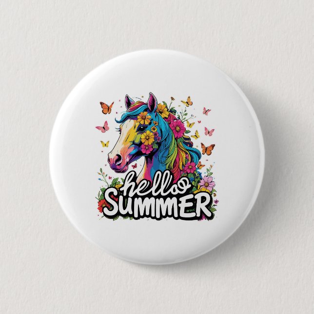 Funny Hello Summer Horse Button (Front)