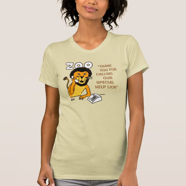 Funny Help-Lion in a Zoo Cartoon T-Shirt (Front)