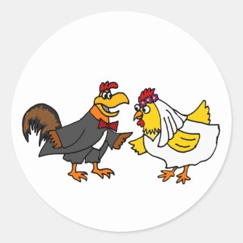 Funny Hen Bride And Rooster Groom Wedding Classic Round Sticker by AllSmilesWeddings at Zazzle