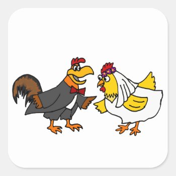 Funny Hen Bride And Rooster Groom Wedding Square Sticker by AllSmilesWeddings at Zazzle