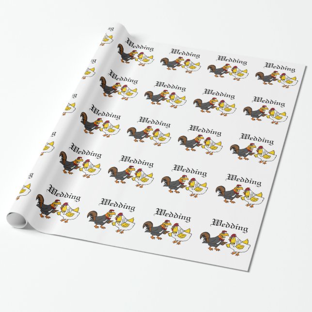Funny Hen Bride and Rooster Groom Wedding Wrapping Paper (Unrolled)
