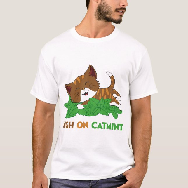 Funny High On Nepeta Catmint Cartoon Cat Art T-Shirt (Front)