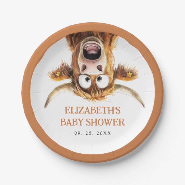 Funny Highland Cow Baby Shower Paper Plates (Front)