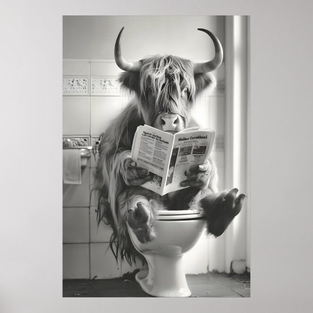 Funny Highland Cow Bathroom Print, Newspaper Poster (Front)