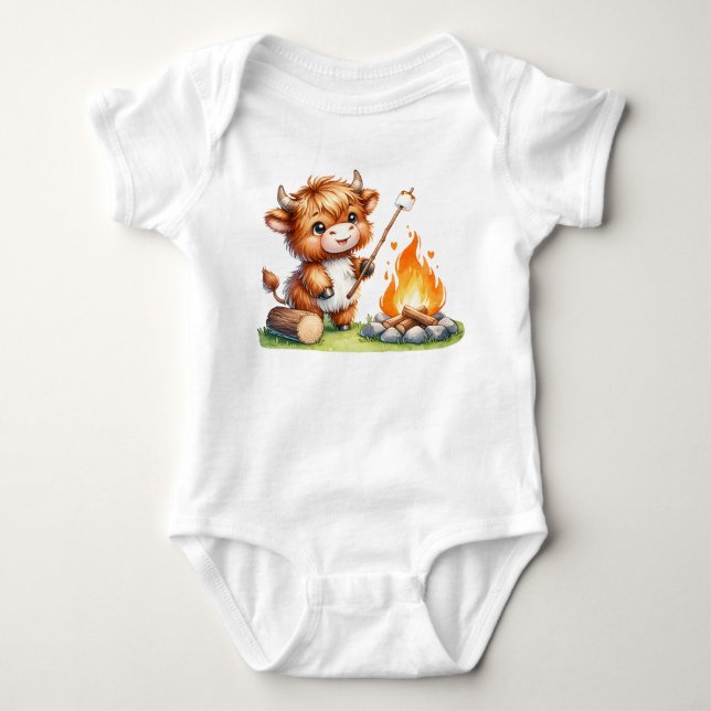 Funny Highland Cow Cute Camping Baby Bodysuit (Front)
