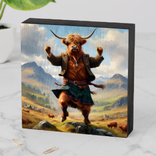 Funny Highland Cow Doing The Highland Fling, Wooden Box Sign