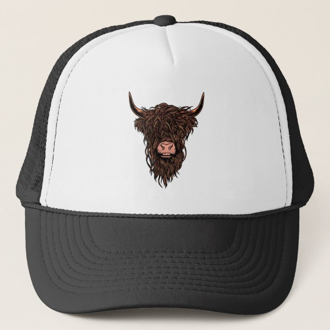 Funny Highland Cow Head Trucker Hat (Front)