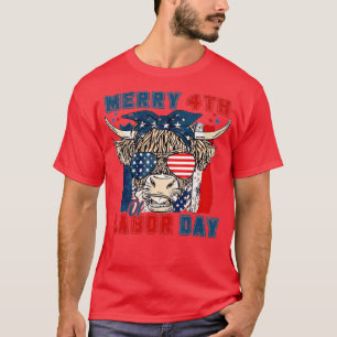Funny Highland Cow Merry 4th Of Labor Day American T-Shirt
