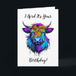 Funny Highland Cow Pun Birthday Card<br><div class="desc">Funny Highland Cow pun birthday card for anyone. Colorful ai art depicting a cute colorful cow in purple,  pink and blue. Inside is a coloring page.</div>
