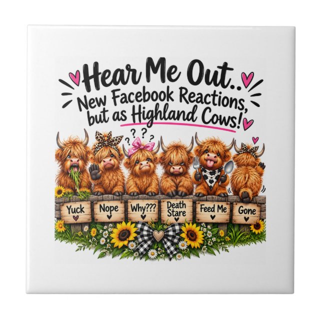 Funny Highland Cow Reactions Ceramic Tile (Front)