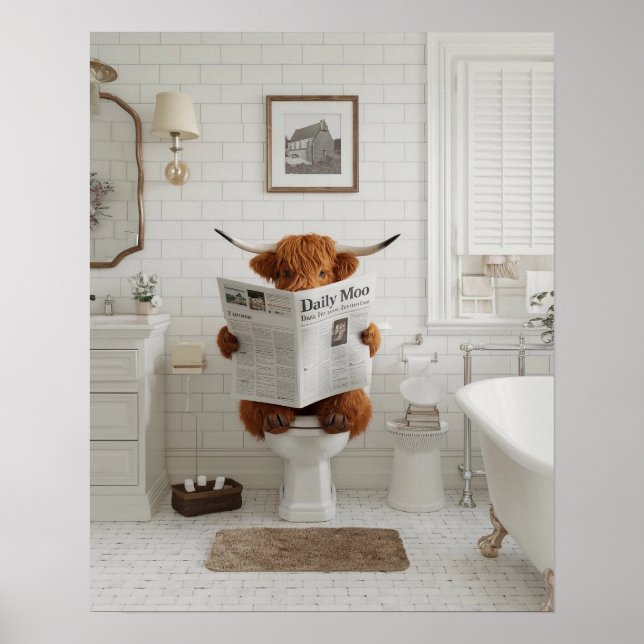 Funny Highland Cow Sitting on the Toilet Bathroom Poster (Front)