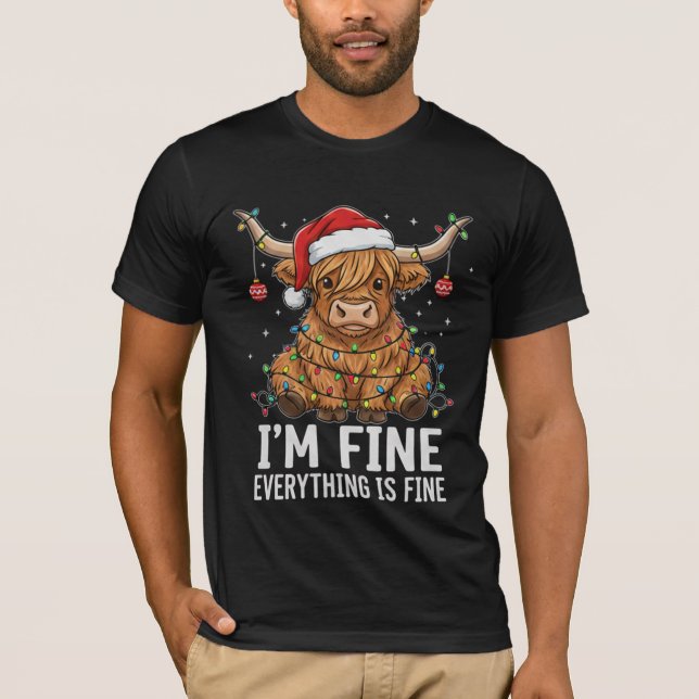 Funny Highland Cow Tangled in Christmas Lights Hol T-Shirt (Front)