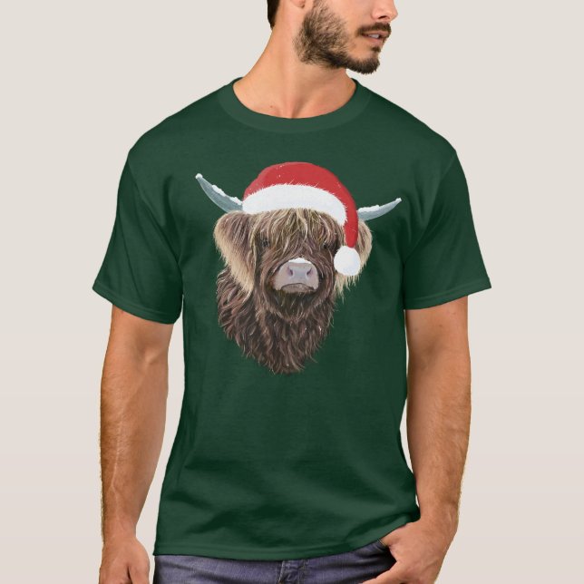 Funny Highland Cow Wearing A Christmas Santa Hat T-Shirt (Front)