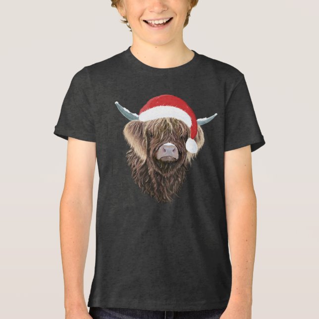 Funny Highland Cow Wearing A Christmas Santa Hat Tri-Blend Shirt (Front)