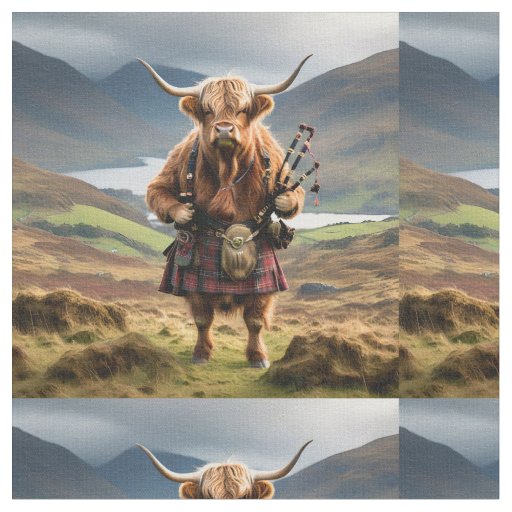 Funny Highland Cow With Bagpipes, Fabric