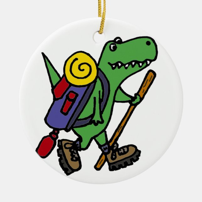 Funny Hiking Green T-Rex Dinosaur Ceramic Ornament (Front)