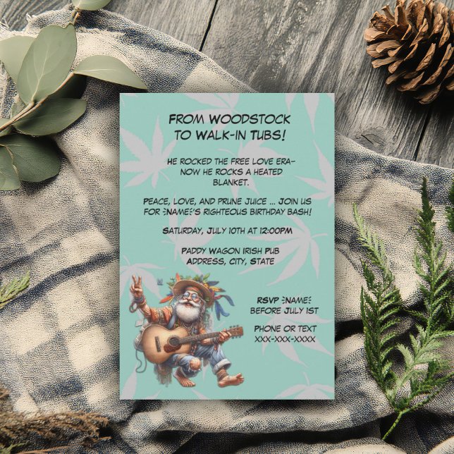 Funny Hippie Birthday–Groovy Old Man Party Invitation (Creator Uploaded)