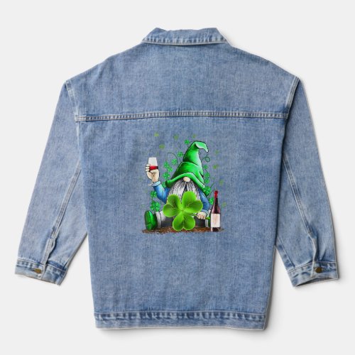 Funny Hippie Gnome Drinking Wine Shamrock St Patri Denim Jacket