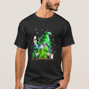 Funny Hippie Gnome Drinking Wine Shamrock St Patri T-Shirt