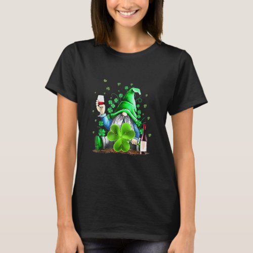 Funny Hippie Gnome Drinking Wine Shamrock St Patri T_Shirt