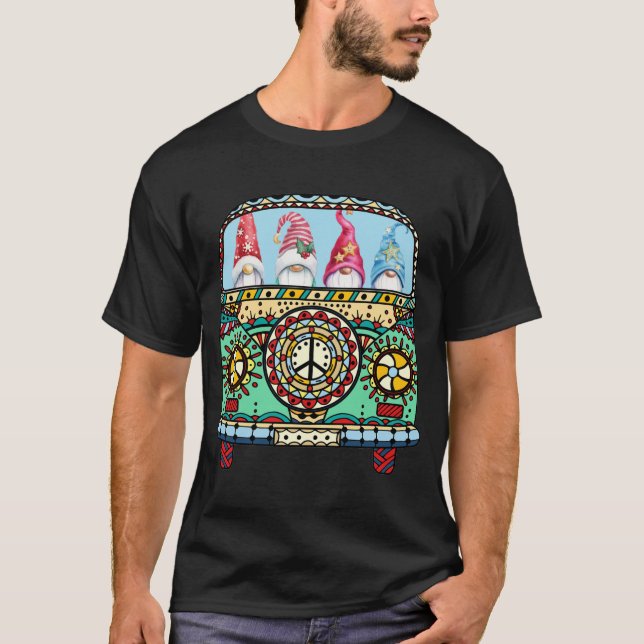 Funny hippie gnomes driving peace camping van car T-Shirt (Front)