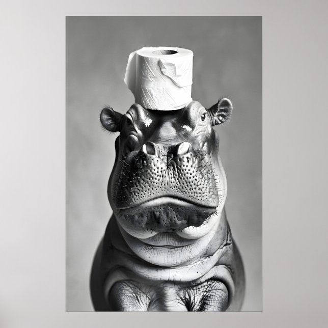 Funny Hippo Bathroom Art Print, Toilet Paper Hat Poster (Front)