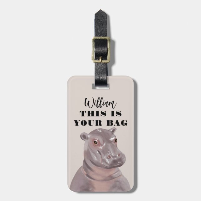 Funny Hippo Illustration Personalized Luggage Tag (Front Vertical)