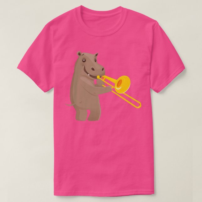 Funny hippo playing music with trombone  T-Shirt (Design Front)