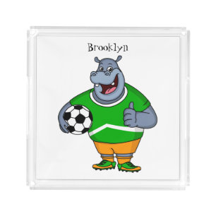 Funny hippo soccer player cartoon illustration acrylic tray
