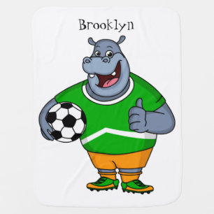 Funny hippo soccer player cartoon illustration baby blanket
