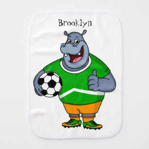 Funny hippo soccer player cartoon illustration baby burp cloth