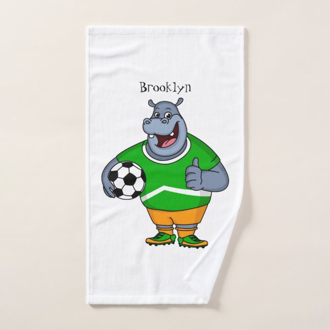 Funny hippo soccer player cartoon illustration  bath towel set (Hand Towel)