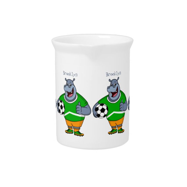 Funny hippo soccer player cartoon illustration beverage pitcher (Front)