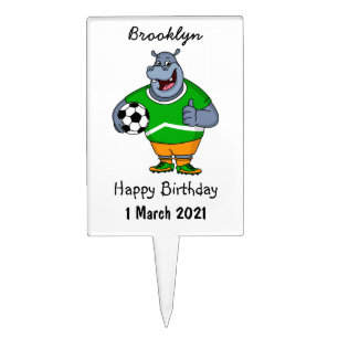 Funny hippo soccer player cartoon illustration cake topper